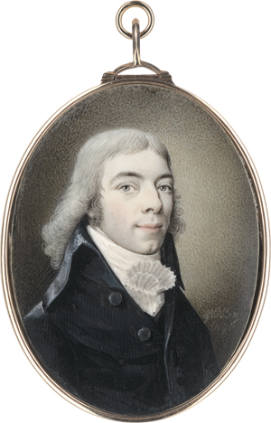 Lot 6337, Auction  125, van den Berg, Gijsbertus Johannes, Miniatur Portrait eines langhaarigen jungen Mannes in gestreifter schwarzer Jacke