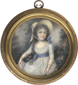 Lot 6361, Auction  125, Périn-Salbreux, Lié-Louis - In der Art, Miniatur Portrait einer jungen Frau mit Strohhut, in Landschaft sitzend