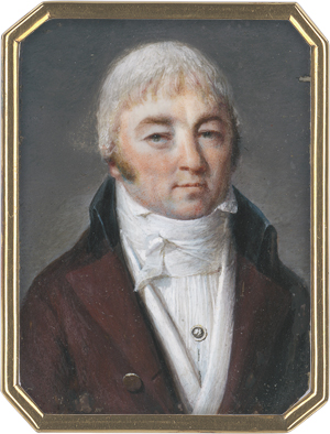 Lot 6371, Auction  125, Französisch, um 1800. Miniatur Portrait eines Mannes mit auberginebrauner Jacke mit schwarzem Kragen 