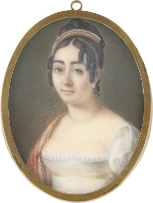 Lot 6373, Auction  125, Französisch, um 1810. Miniatur Portrait einer jungen Frau mit Perlendiadem im gelockten Haar