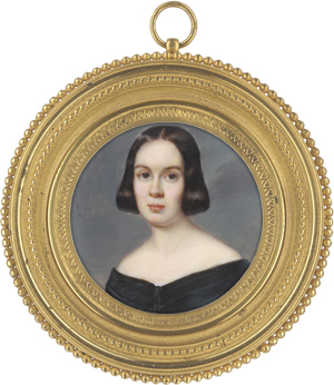 Lot 6395, Auction  125, Delatour (auch de Latour), Édouard Joseph Marie - zugeschrieben, Miniatur Portrait einer jungen Frau in schulterfreiem schwarzen Kleid 