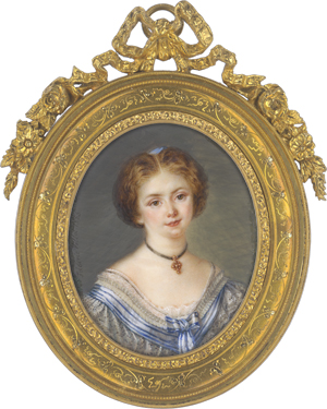 Lot 6396, Auction  125, Villot, Marie-Joseph Frédéric, Miniatur Portrait einer rothaarigen jungen Frau mit blauen Bändern am Kleid 