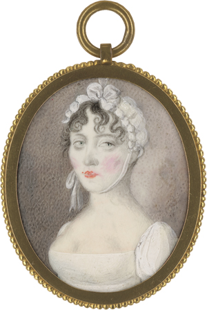 Lot 6412, Auction  125, Deutsch, um 1810. Miniatur Portrait einer jungen Frau mit weißer Rückenhaube, in weißem Empirekleid