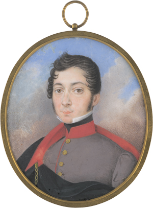 Lot 6430, Auction  125, Deutsch oder Österreichisch, um 1820. Miniatur Portrait eines jungen Offiziers mit rot-gefüttertem Umhang