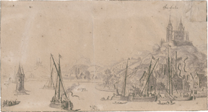 Lot 6727, Auction  125, Niederländisch, 17. Jh. Rheinansicht mit dem Mäuseturm bei Bingen und die Ruine Ehrenfels
