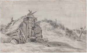 Lot 6729, Auction  125, Niederländisch, um 1650/60. Dünenlandschaft mit Fischerhütte