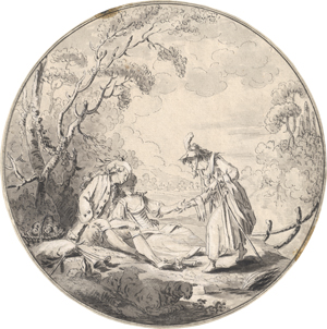 Lot 6762, Auction  125, Französisch, 18. Jh. . Landschaft mit jungem Paar bei der Wahrsagerin