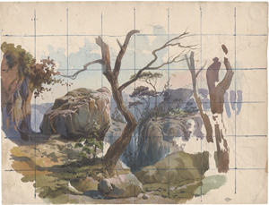 Lot 6840, Auction  125, Französisch, 19. Jh. Landschaft im Gebirge mit Blick in eine enge Schlucht