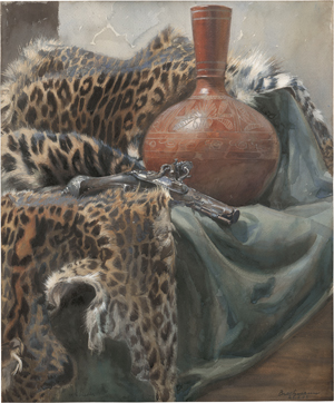 Lot 6903, Auction  125, Deutsch, um 1900. Stillleben mit Vase und Steinschlosspistole auf Leopardenfell