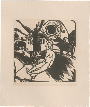 Lot 7098, Auction  125, Campendonk, Heinrich, Sitzender weiblicher Akt in Landschaft mit Bauernhaus