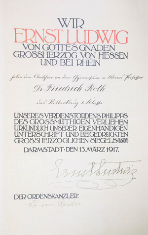 Lot 2579, Auction  126, Ernst Ludwig, Großherzog von Hessen-Darmstadt, Verleihung des Ritterkreuzes 1. Kl. 1917