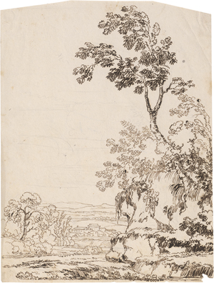 Lot 6535, Auction  126, Bolognesisch, um 1700. Landschaft mit Baum auf einem felsigen Abhang