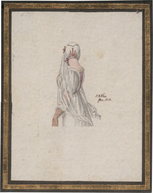 Lot 6619, Auction  126, Klein, Johann Adam, Kostümstudie einer jungen Frau in Rückenansicht mit Haube, Schleier und Handschuhen