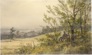 Los 6686 - Wucherer, Fritz - Rastender Spaziergänger auf einer Bank, mit Blick von der die Taunushöhe auf Burg Kronberg - 0 - thumb