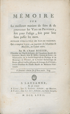Lot 377, Auction  127, Rozier, Jean François, Mémoire sur la meilleure maniere de faire & de gouverner les vins de Provence