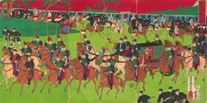Lot 605, Auction  127, Chikanobu, Toyohara, Kaiserliche Prozession. Kokyo goshutsumon no zu. Triptychon
