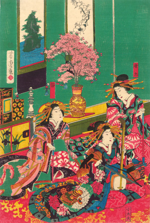 Los 672 - Yoshitora, Utagawa - Shamisen-Spielerin im Interieur mit zwei Begleiterinnen - 0 - thumb