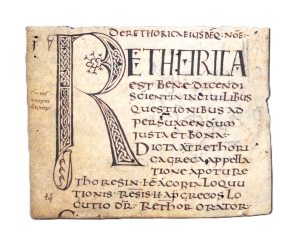 Los 1001 - Rhetorica - De retorica eiusdemque nomen". Incipit-Fragment einer lateinischen Handschrift auf Pergament.  - 1 - thumb