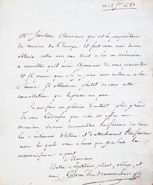 Lot 2504, Auction  127, Beaumarchais, Pierre Augustin Caron de, Brief an einen Redakteur. 1780