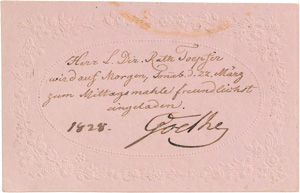 Lot 2516, Auction  127, Goethe, Johann Wolfgang von, Signierte Visitenkarte mit einer Einladung. 1828