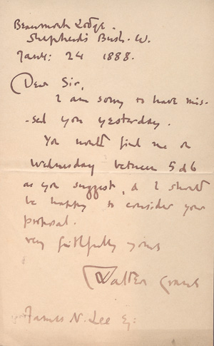 Lot 2606, Auction  127, Crane, Walter, Brief an einen Herrn. 1888