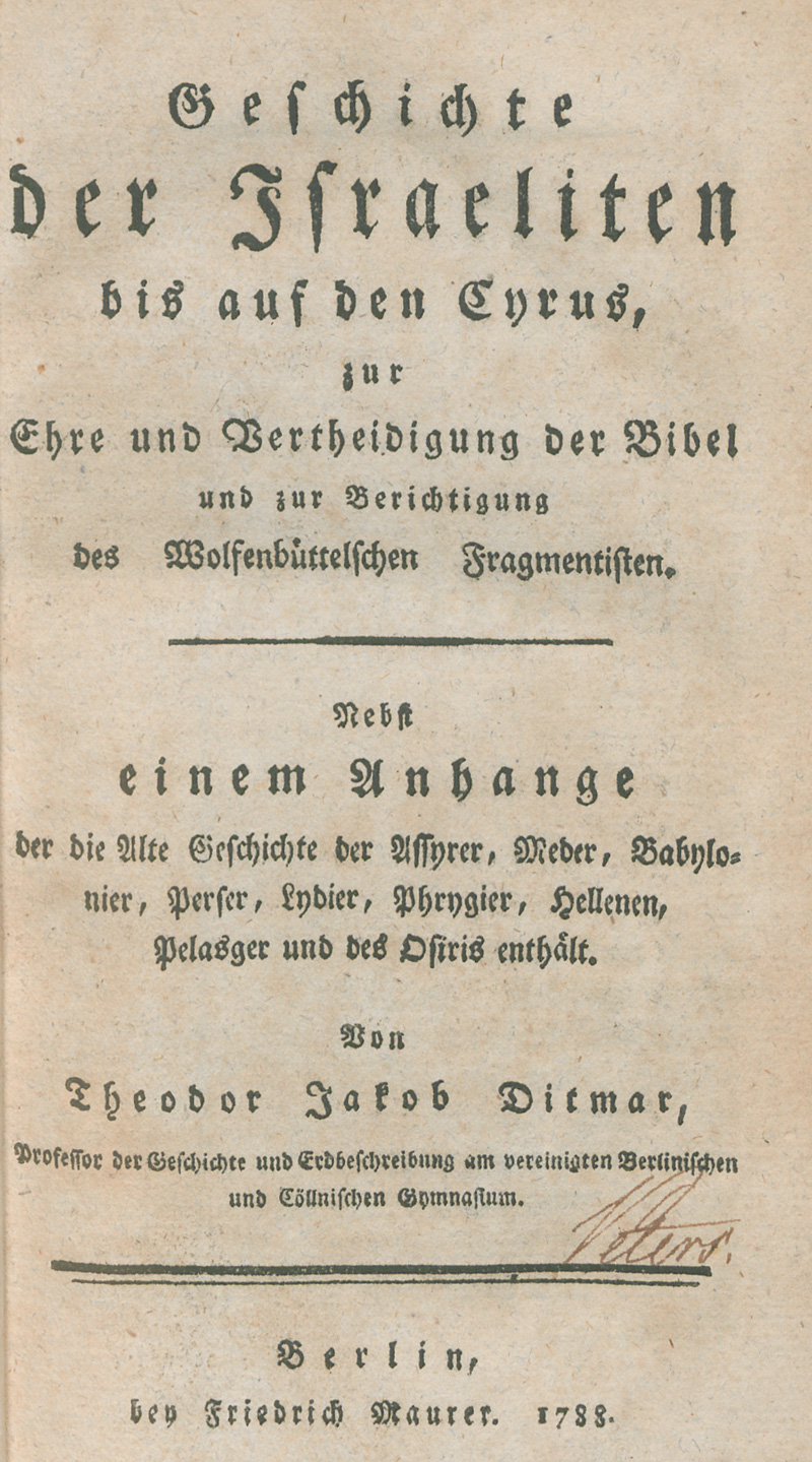Lot 405, Auction 127, Ditmar, Theodor Jakob, Geschichte der Israeliten bis auf den Cyrus
