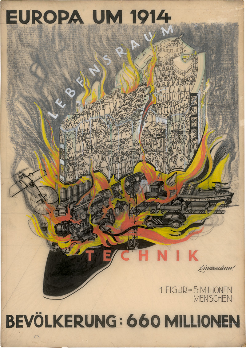 Lot 500, Auction  127, Zimmermann, Georg, 5 Entwürfe für Großplakate bzw. Schautafeln für die Ausstellung "Atlantropa". Schwarze Tusche und farbige Gouache