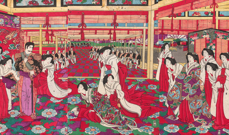 Lot 606, Auction 127, Chikanobu, Toyohara, Palastszene. Azuma no hana - kôkyo no sakae. Triptychon.