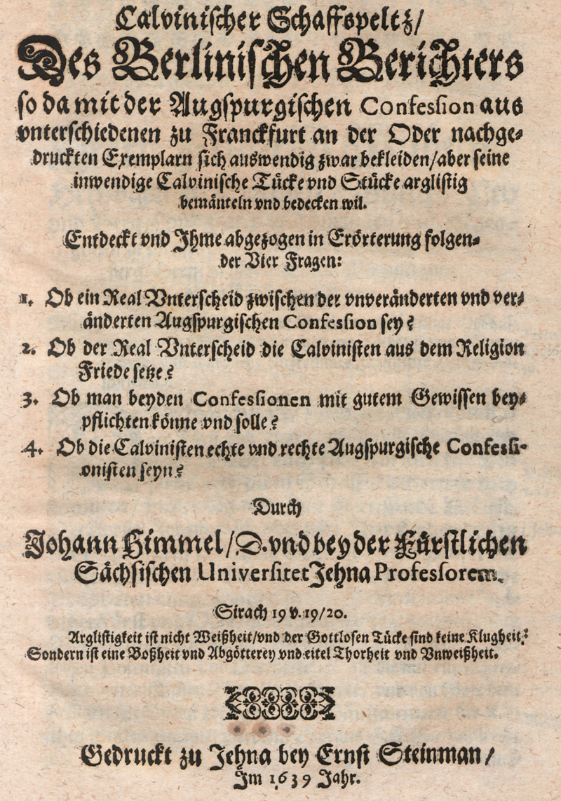 Lot 1250, Auction  127, Himmel, Johann, Calvinistischer Schaffspeltz des berlinischen Berichters