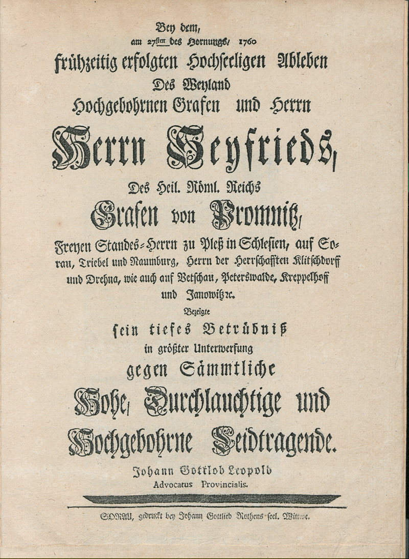 Lot 2107, Auction  127, Leopold, Johann Gottlob, Bey dem am 27sten des Hornungs, 1760 fruehzeitig erfolgten hochseeligen Ableben des Grafen und Herrn Seyyfrieds