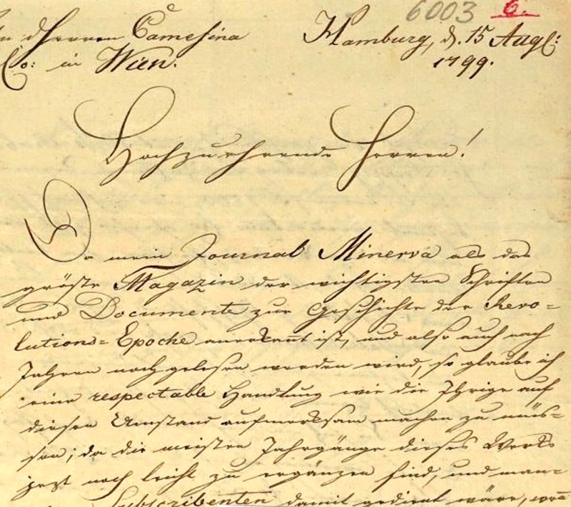 Lot 2502, Auction  127, Archenholtz, Johann Wilhelm von, Brief an den Verleger Camesina in Wien. 1799