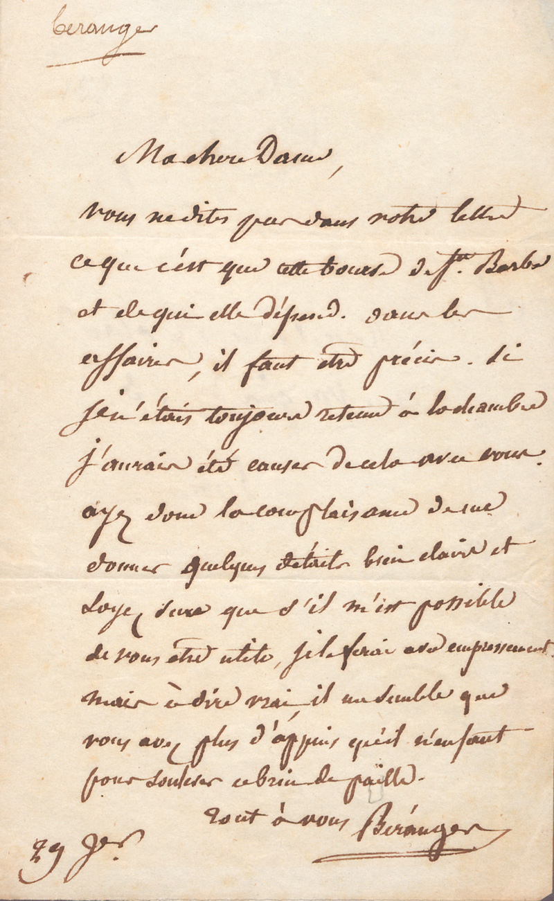 Lot 2505, Auction  127, Béranger, Pierre-Jean de, Brief an Mad. Roland in Paris. Um 1850