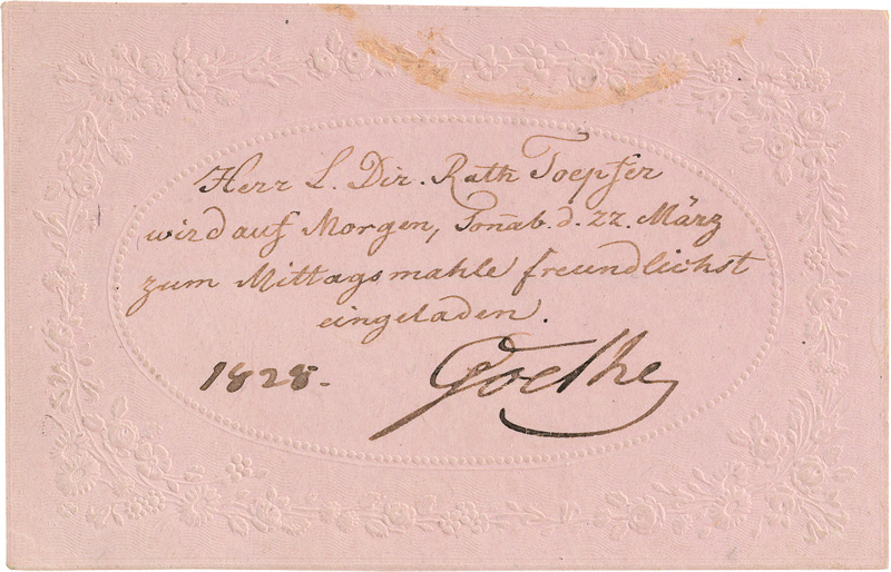 Lot 2516, Auction  127, Goethe, Johann Wolfgang von, Signierte Visitenkarte mit einer Einladung. 1828
