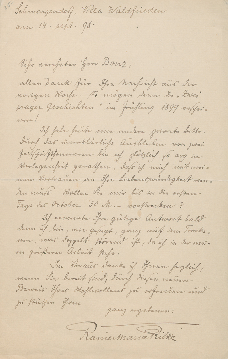 Lot 2528, Auction  127, Rilke, Rainer Maria, Brief an seinen Verleger Bonz mit der Bitte um Vorschuss. 1898
