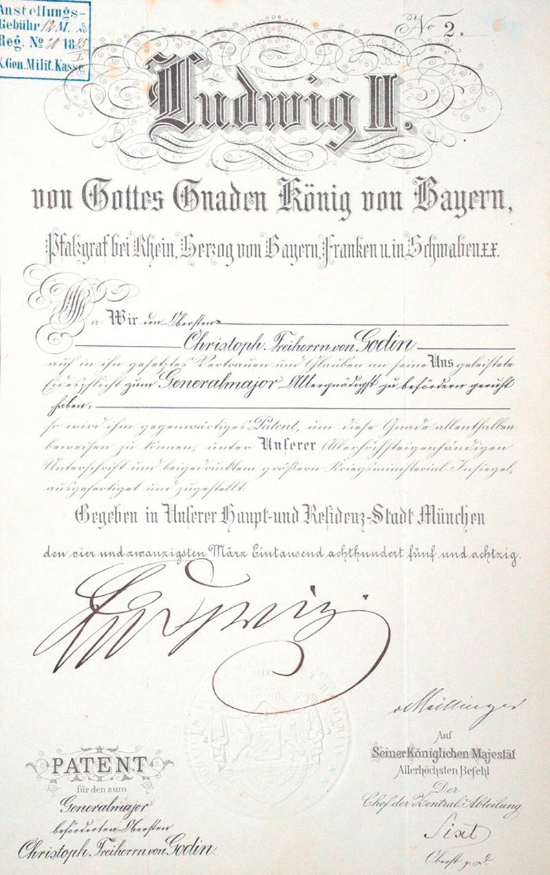 Lot 2581, Auction  127, Bayern., Urkunde: Patent als Generalmajor für Oberst von Godin. 1885
