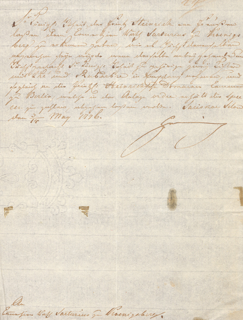 Lot 2594, Auction 127, Heinrich, Prinz von Preußen, Brief an den Kommerzienrat Sartorius in Königsberg. 1776
