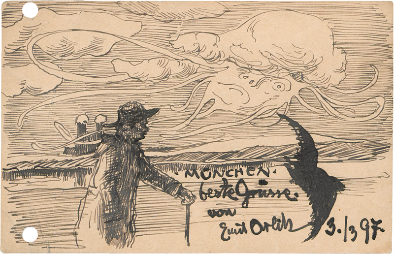 Lot 2613, Auction 127, Orlik, Emil, Postkarte mit ganzseitiger Federzeichnung. 1897