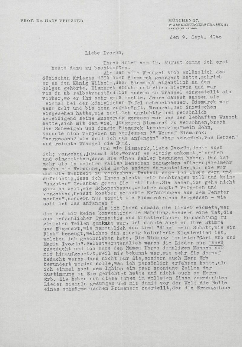 Lot 2647, Auction  127, Pfitzner, Hans, Brief an die Sängerin Maria Ivogün. 1940