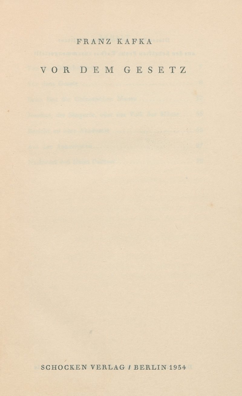 Lot 3175, Auction  127, Kafka, Franz, Vor dem Gesetz. (Hrsg. von H. Politzer). Berlin 1934